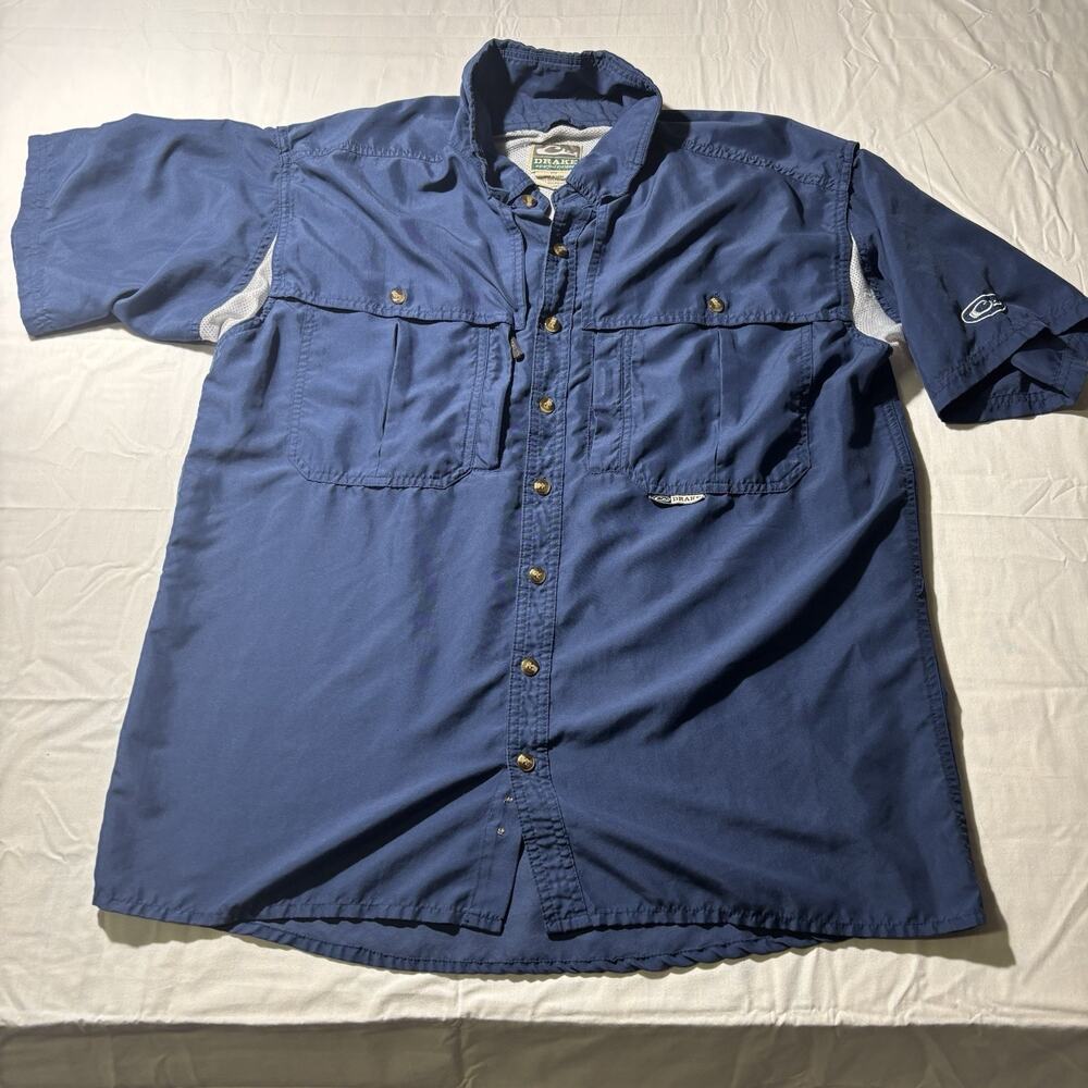 Drake Waterfowl Fishing Shirt Mens M Blue Vented Short Sleeve